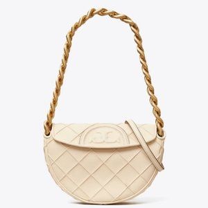 NEW CREAM MINI FLEMING SOFT CRESCENT BAG TORY BURCH NEW